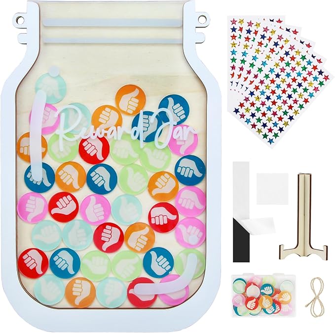 Herda Personalized Reward Jars for Kids- Classroom Behavior & Home Behavior Training Kit for Classroom/Potty/Chores, Teacher/Parent Incentive Tools Jar(42Pcs Thumbs-Up & 420Holographic Star Stickers)