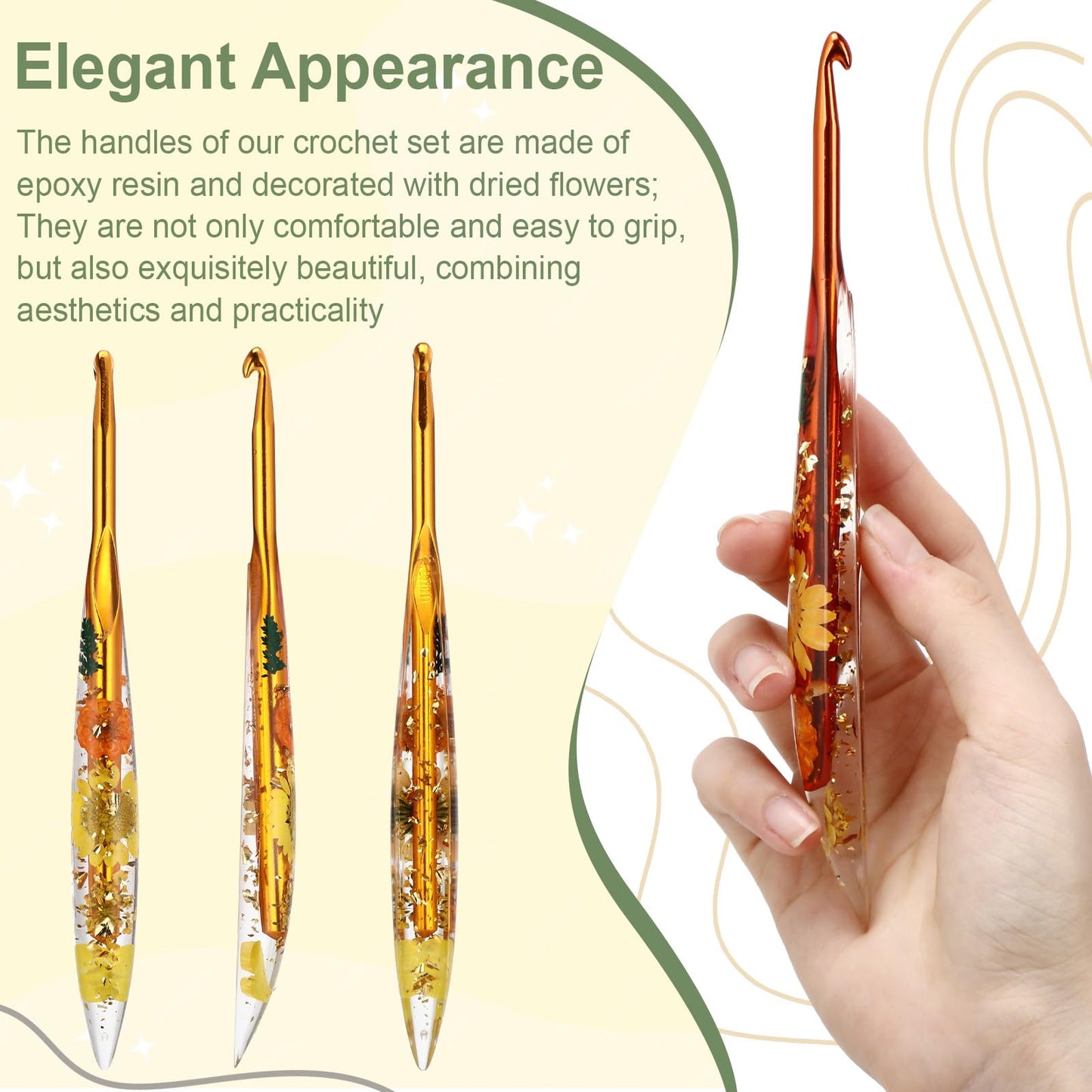 Riceshoot 9 Pcs Crochet Hook Set, 2.0mm-6.0mm Ergonomic Crochet Hooks with Long Floral Handle for Beginners Crocheting Lovers, Includes Storage Bag and Other Accessories