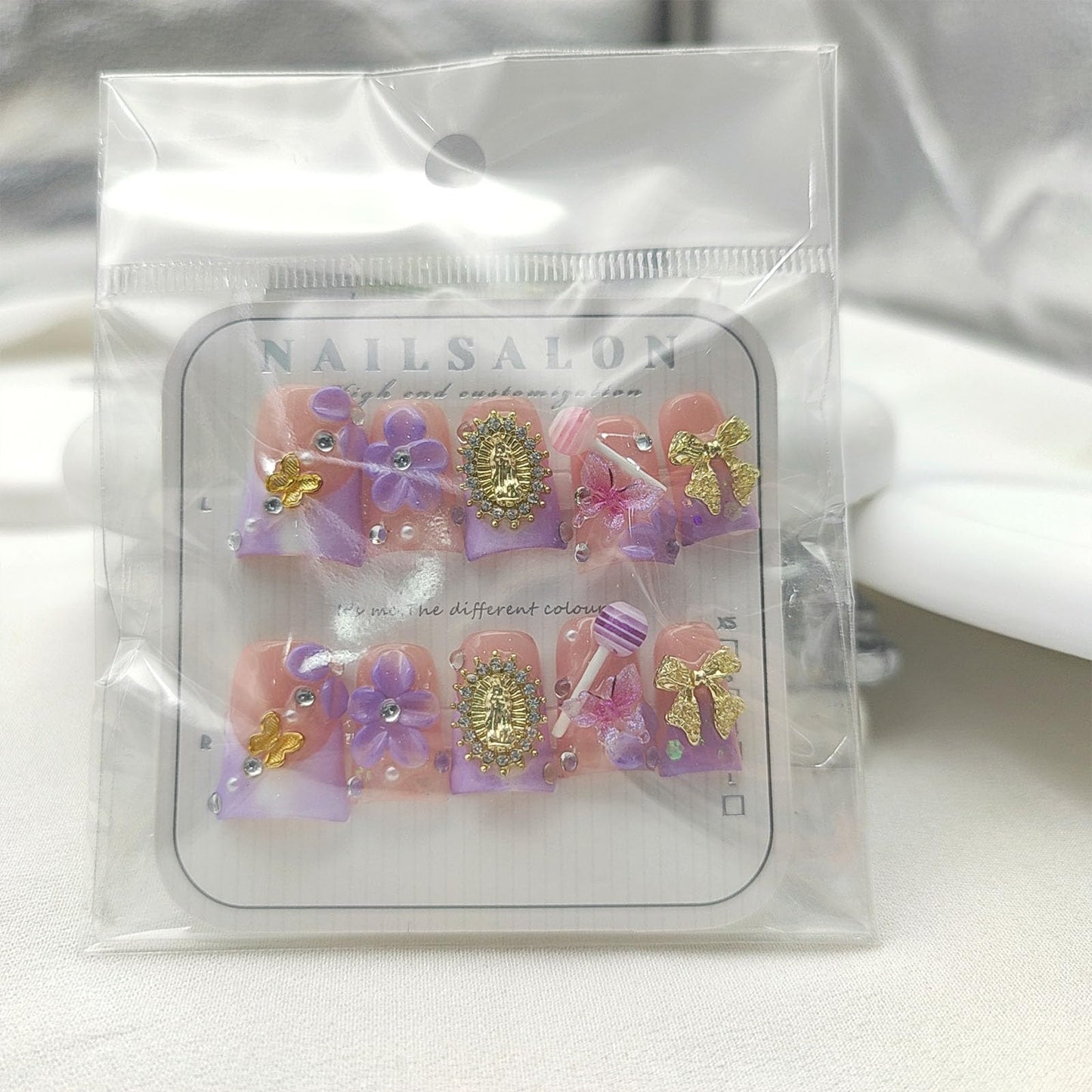 Handmade French Tip Press on Nails Short Duck Fake Nails with 3D Flower Butterfly Rhinestones Candy Bow Designs Duck Nails Press on Purple Gold Nude False Nails Glossy Acrylic Nails for Women 10Pcs(M)