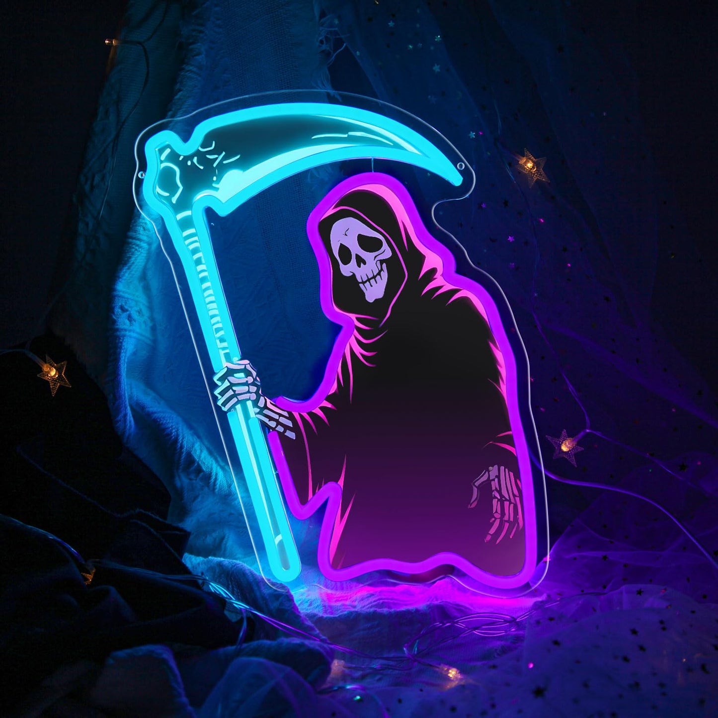 Grim Reaper Neon Sign with Scythe, Dimmable LED Skeleton Neon Light for Wall Decor, Gothic Room, Man Cave, Bar, Game Room Decor Gifts