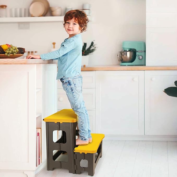 Folding 2-Step Stool, Non-Slip Portable Footstool 8" & 17" Dual Heights, Holds 250 lbs, Portable Footstool for Kitchen Home Toilet Bedroom Office Bathroom RV(Yellow)