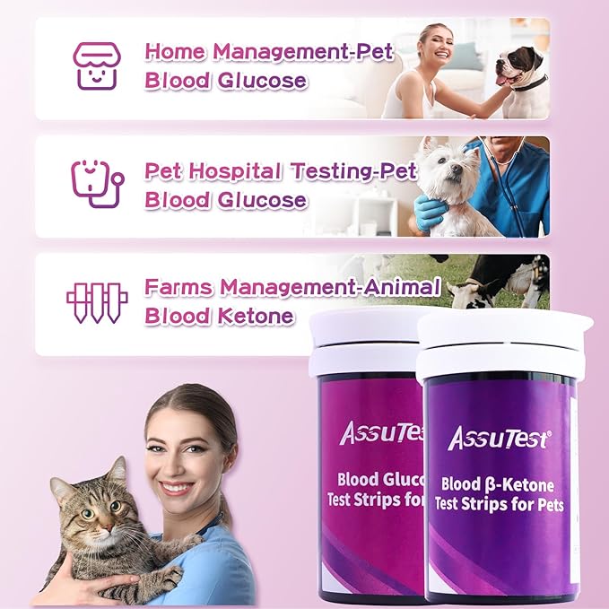 AssuTest® 25pcs Blood Glucose & 25pcs Blood Ketone Test Stips Combo for Pets Cats and Dogs Diabetic Ketoacidosis Testing Monitor Kit with 50 Lancets
