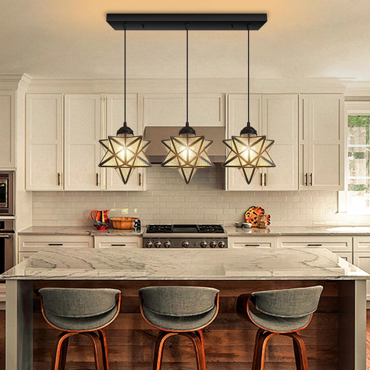 Modern Farmhouse Glam Chandelier Dining Room Glass Star Pendants Light Fixture Kitchen Island LED Ceiling Hanging Lights Included Warm Light Bulbs Black