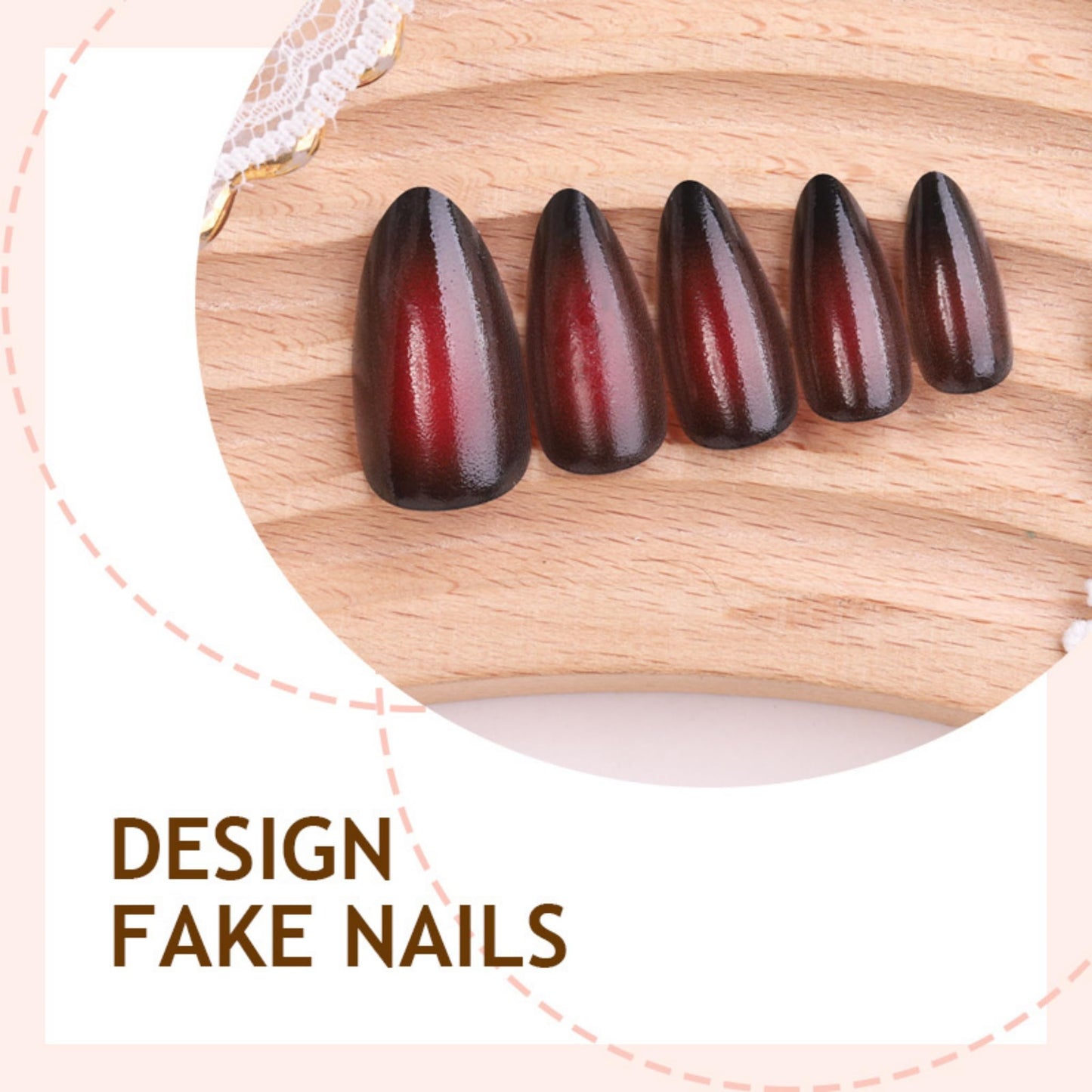 Medium Press on Nails Almond Fake Nails Red Artificial Nail Gold Charm Stick on Nail for Women 24pcs