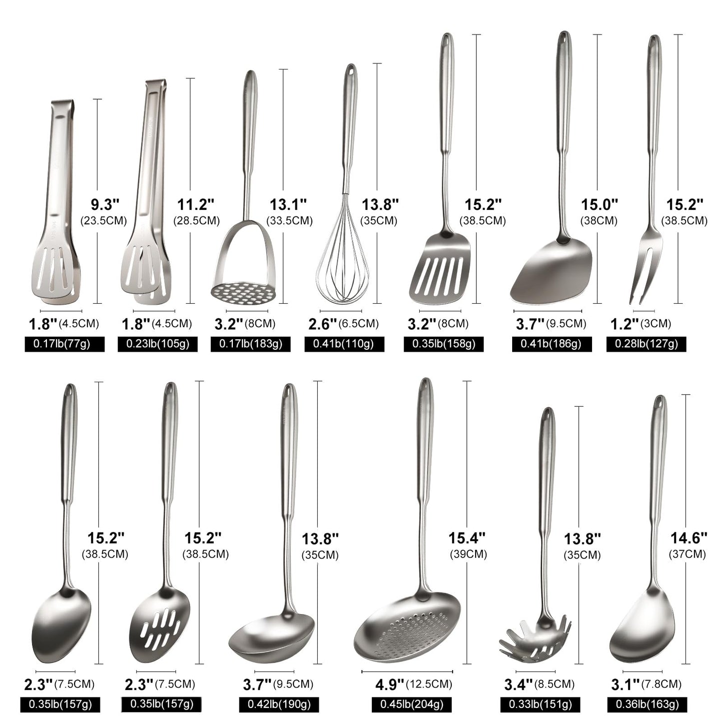 304 Stainless Steel Cooking Utensils Set, 13 PCS Long Large Metal Cooking Utensil Tools Set, Mirror Polished Kitchen Gadget Cookware and Kitchen Tool Set, Dishwasher Safe
