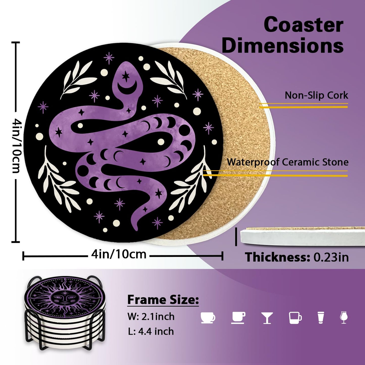 Paayna Moon Phase Sun Ceramic Coasters with Holder Set of 6, Mystical Astrology Snack Moth Absorbent Drink Cup Mat for Coffee Table Protection, 4'' Retro Dark Home Kitchen Decor Housewarming Gifts