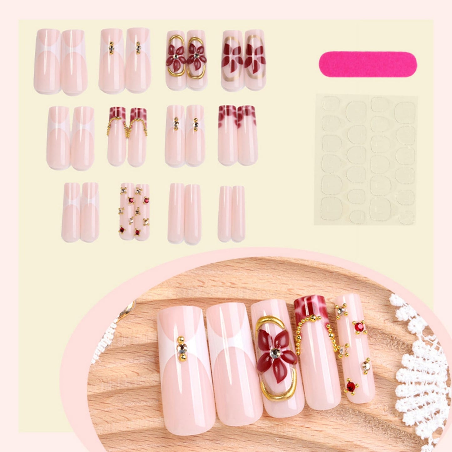 Long Press on Nails Square Fake Nails Red Artificial Nail 3D Floral and Gold Charm Designs Cute Stick on Nail for Women 24pcs