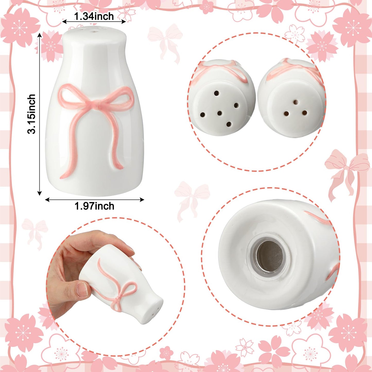 Acellegic 2 Pcs Bow Pink Salt and Pepper Shakers Ceramic Salt and Pepper Shakers Set for Coquette Kitchen Home Decors and Accessories Housewarming Gift