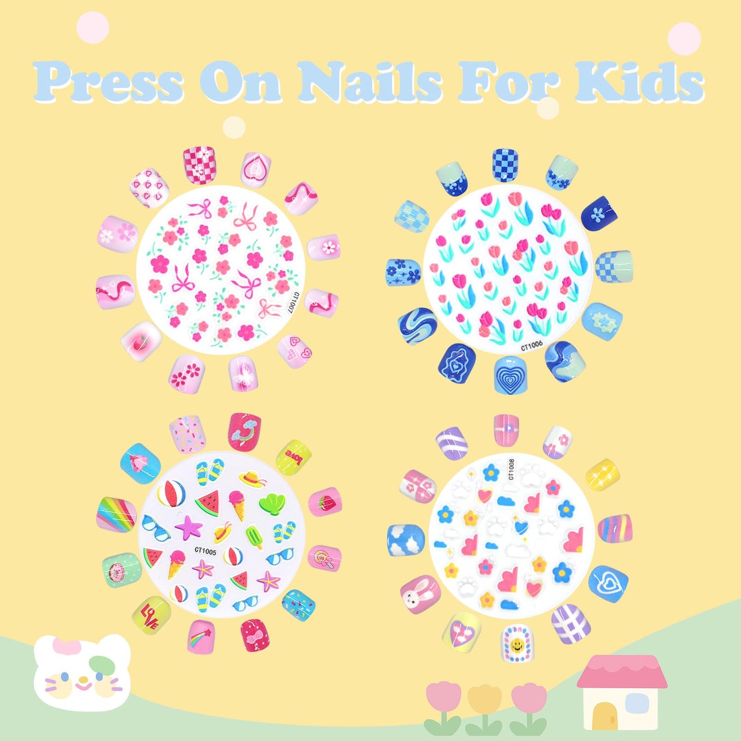 Press on Nails for Kids 3-6,With Cute DIY Stickers,4 Pack 48Pcs Little Girls Sparkling Princess Nails,Cute Pattern Flower Series