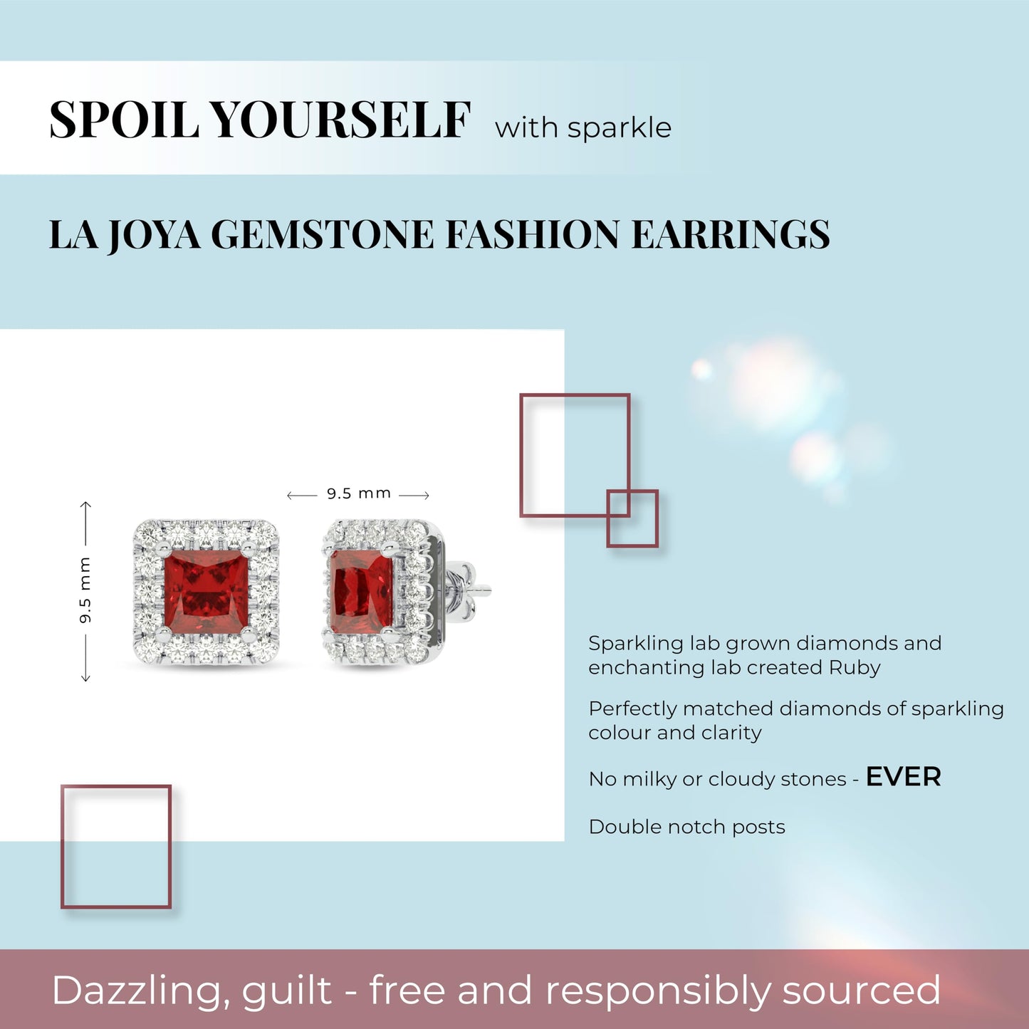 Diamond and Ruby Stud Earrings for Women | 10KT Pure White Gold Halo Earrings | 3/8 CT. TW Lab Grown Diamond and 1 1/4 CTTW Princess Cut Lab Created Ruby Earrings