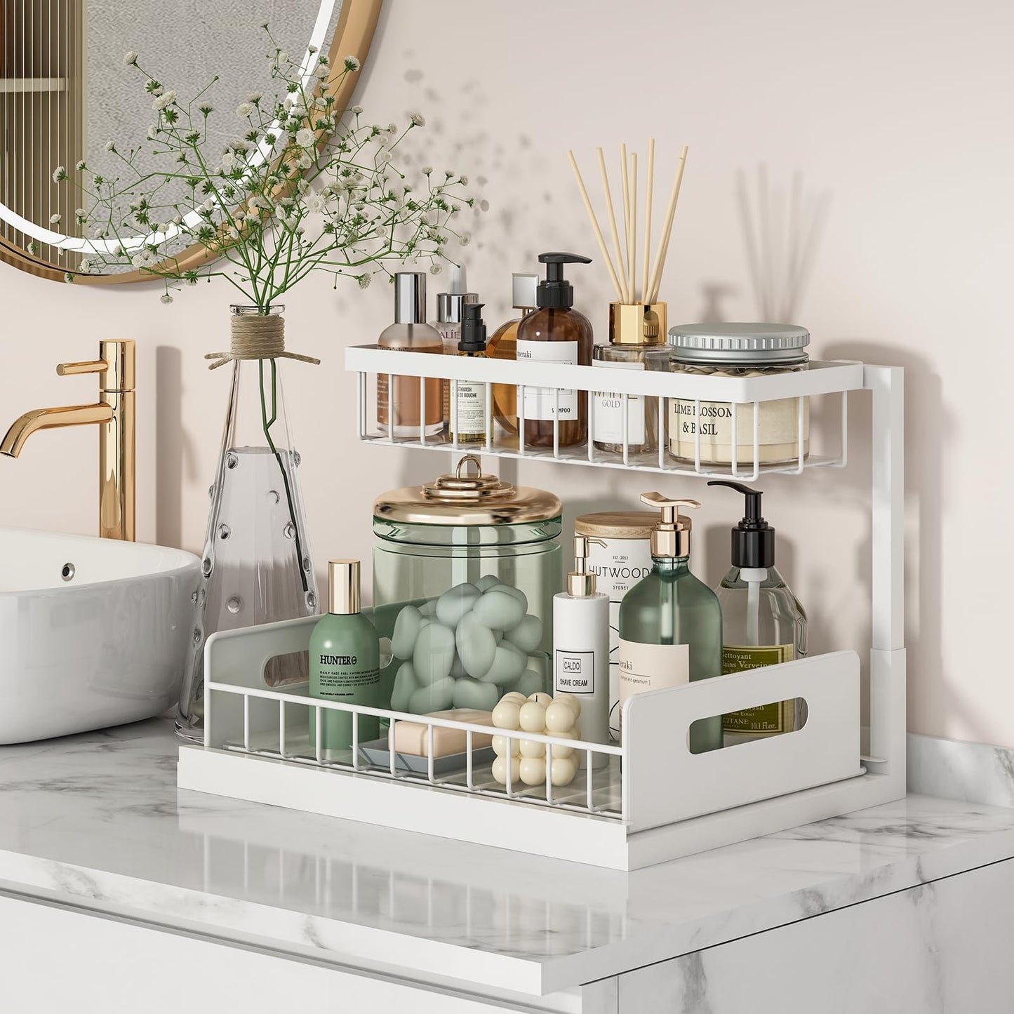 REALINN Under Sink Organizer, Pull Out Cabinet Organizer, 2 Tier Metal Slide Out Shelf with L Shaped Design, Under Cabinet Storage for Kitchen, Bathroom, Laundry, Deep Cabinet Shelf Storage, White