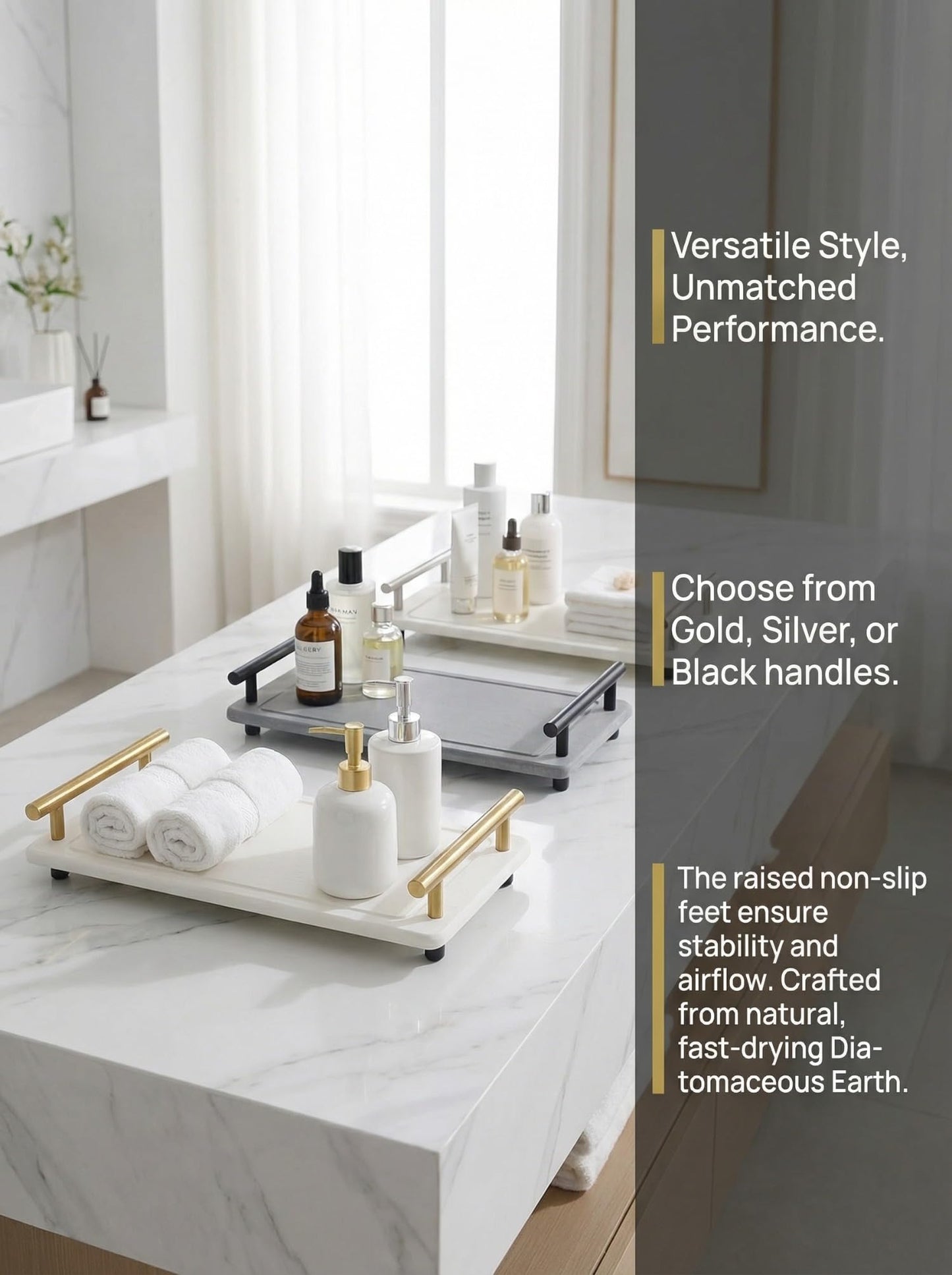 Instant Dry Sink Caddy Organizer,Diatomaceous Earth Bathroom Organizer with Handle Water Absorbing Stone Tray for Sink Water Absorbent Diatomite Coasters (S Gray Gold Handle)