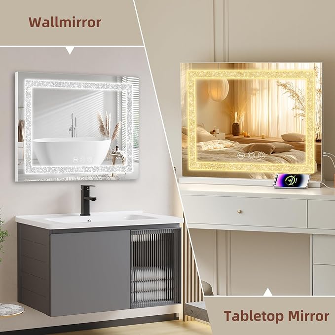 Fenair Vanity Mirror with Lights 22.8’ * 18.1’ Diamond Light Strip Makeup Mirror with Tempered Glass, 3 Color Modes Light up Mirror with USB Charging Port, 10X Magnification and Smart Touch, White
