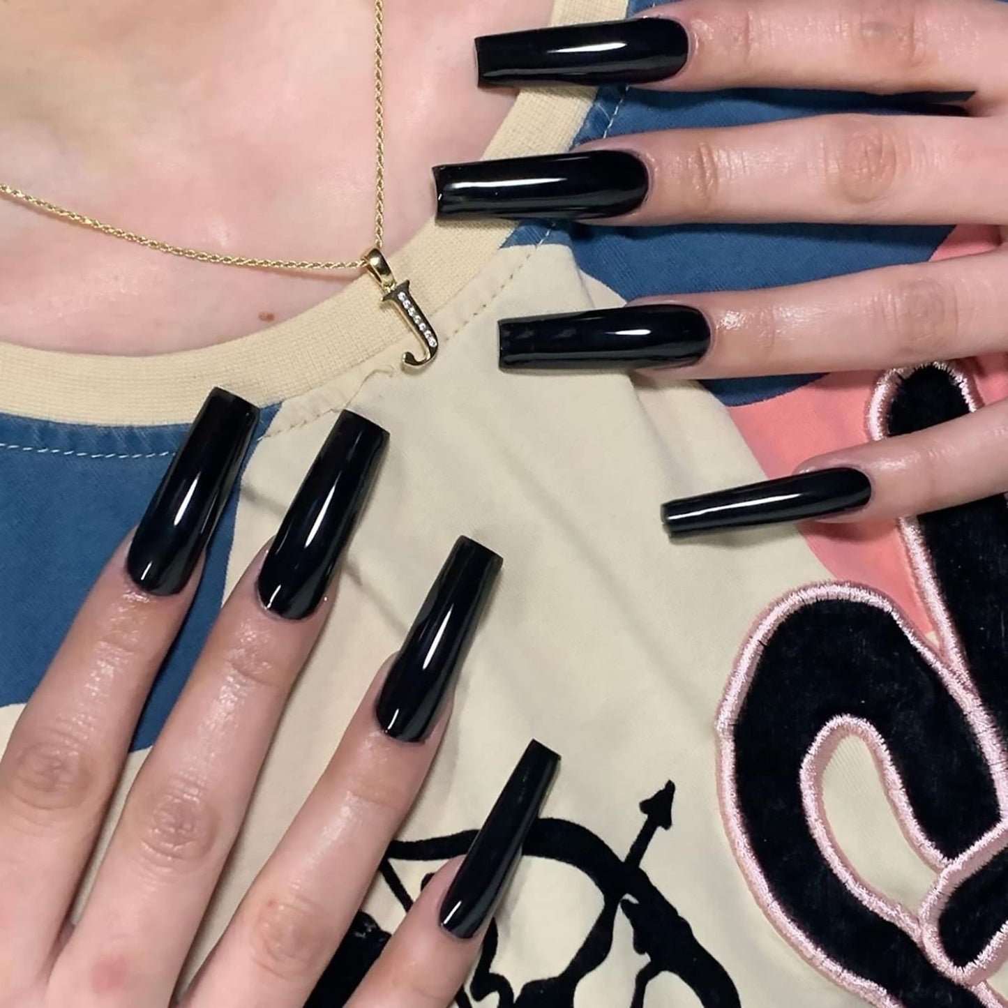 MISUD Press on Nails - Long Square Glue on Nails with Goth Black, Acrylic Gothic Design 24 pcs