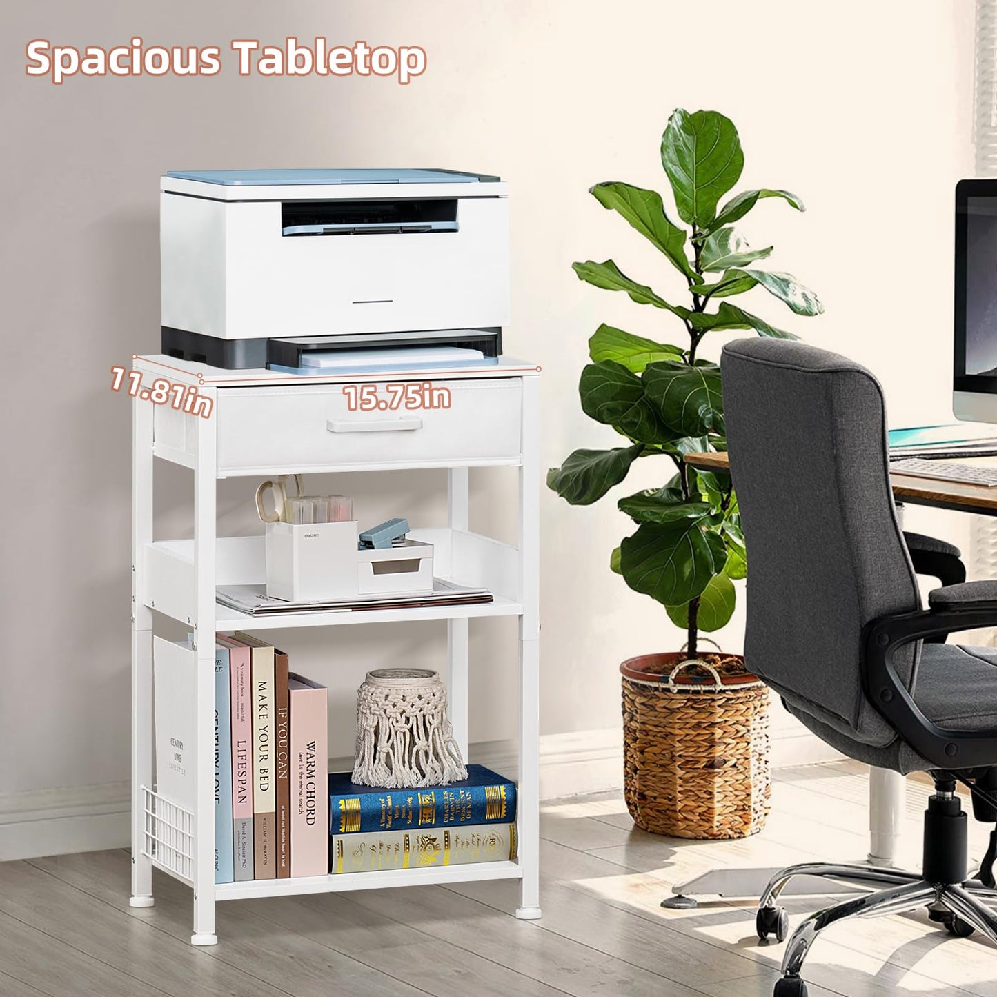 Lerliuo White Printer Stand with Fabric Drawer, 3 Tier Industrial Side Table, Modern Small Printer Desk Holder with Storage Shelf,Multi-Functional Bedside Tables for Home Office Fax Machine Scanner