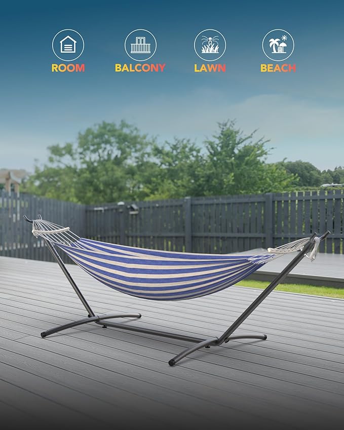 Double Hammock with Heavy-Duty Steel Stand,Portable,Easy Assembly,600lbs Weight Capacity,Perfect for Indoor,Yard,Camping,or Outdoor-BlueWhite