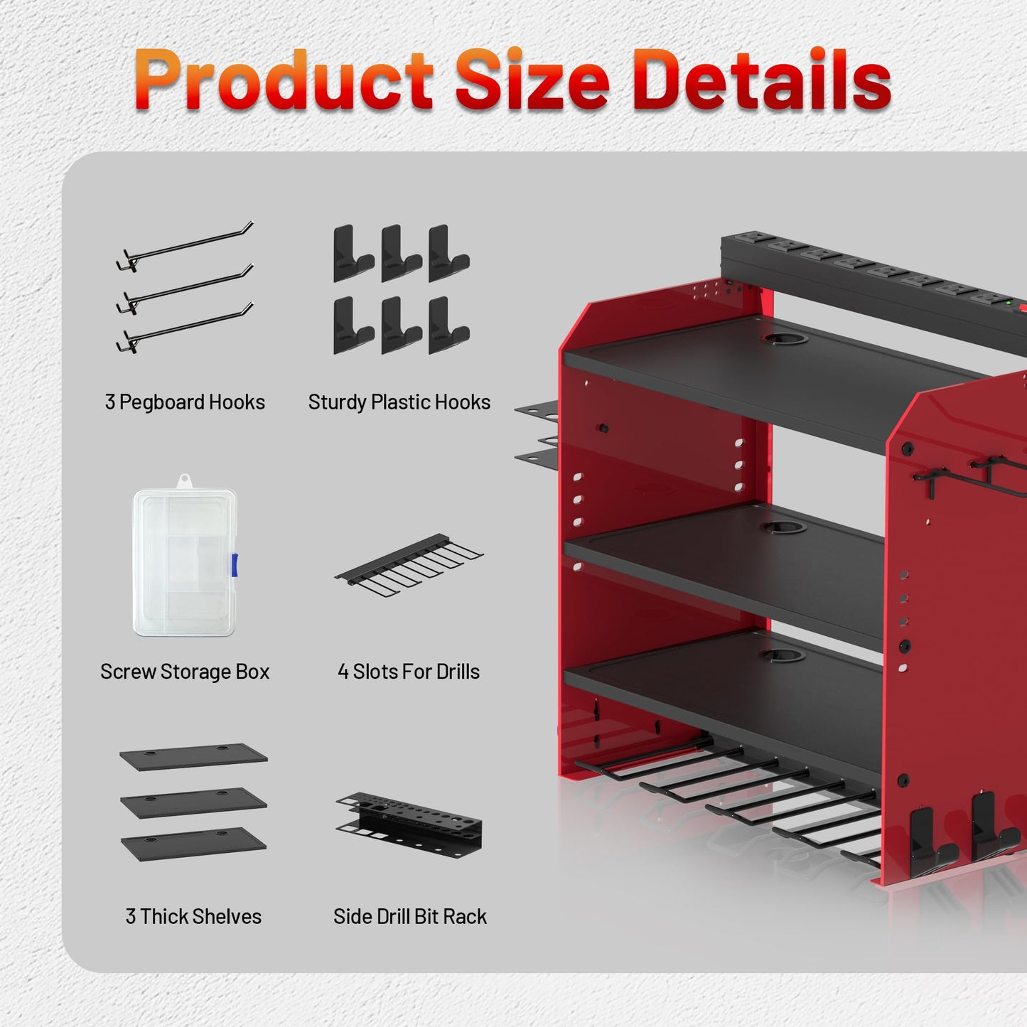 Power Tool Organizer Wall Mount with Charging Station, Garage 4 Drill Storage Shelf with Cordless Tool Holder, Heavy Duty Rack with 8 Outlet Power Strips and Hooks, Gift for Men, Husband (4 Layer)