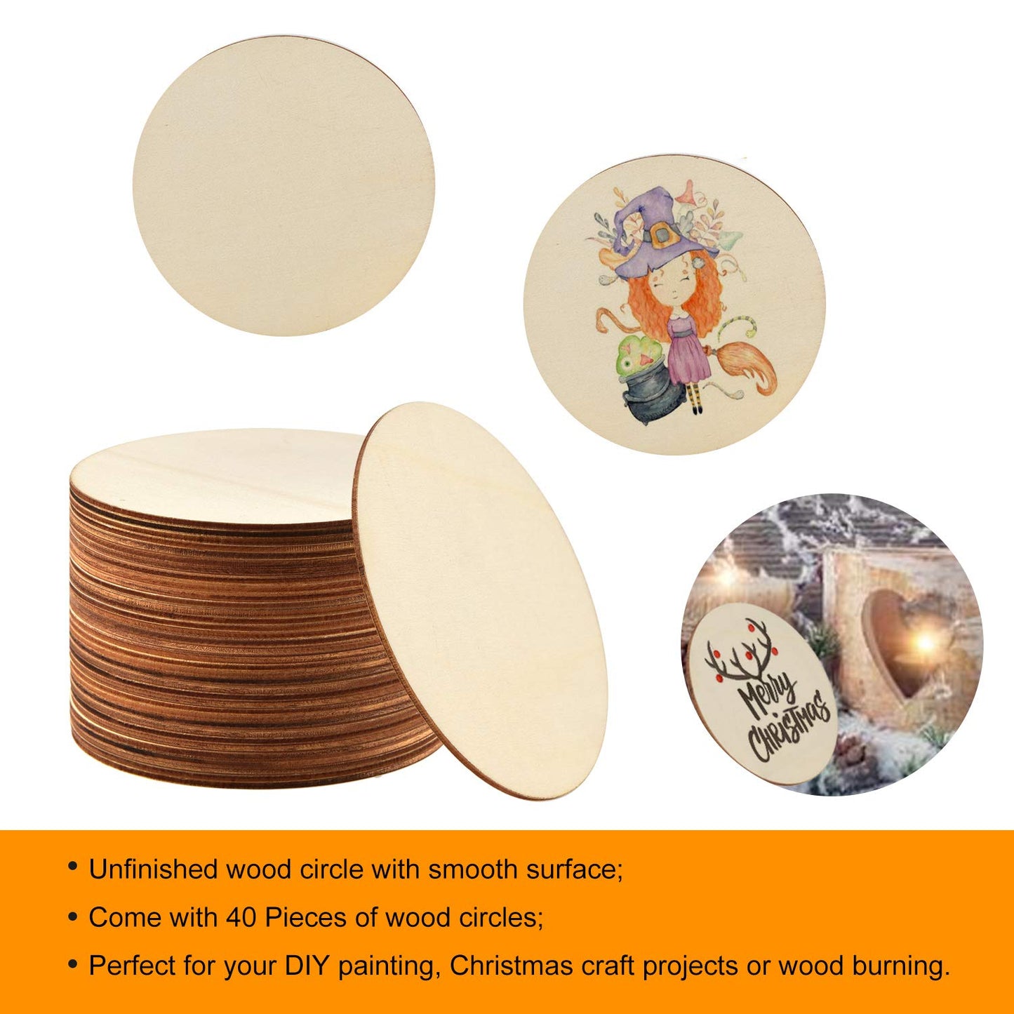 40 Pieces 6 Inch Unfinished Wooden Circles, Wooden Cutouts Natural Round Wood Slices for DIY Wood Craft, Door Hanger, Painting, Wedding, Coasters, Home Decoration