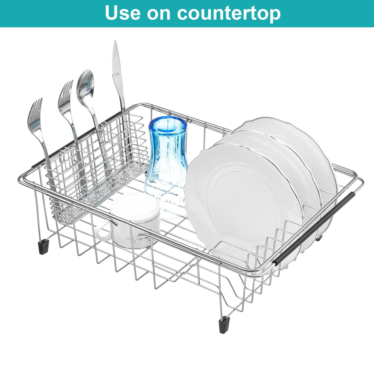 iPEGTOP Expandable Dish Drying Rack Over Sink, Rustproof Stainless Steel Basket Shelf, Multifunctional Dish Drainer Organizer with Utensil Cutlery Holder