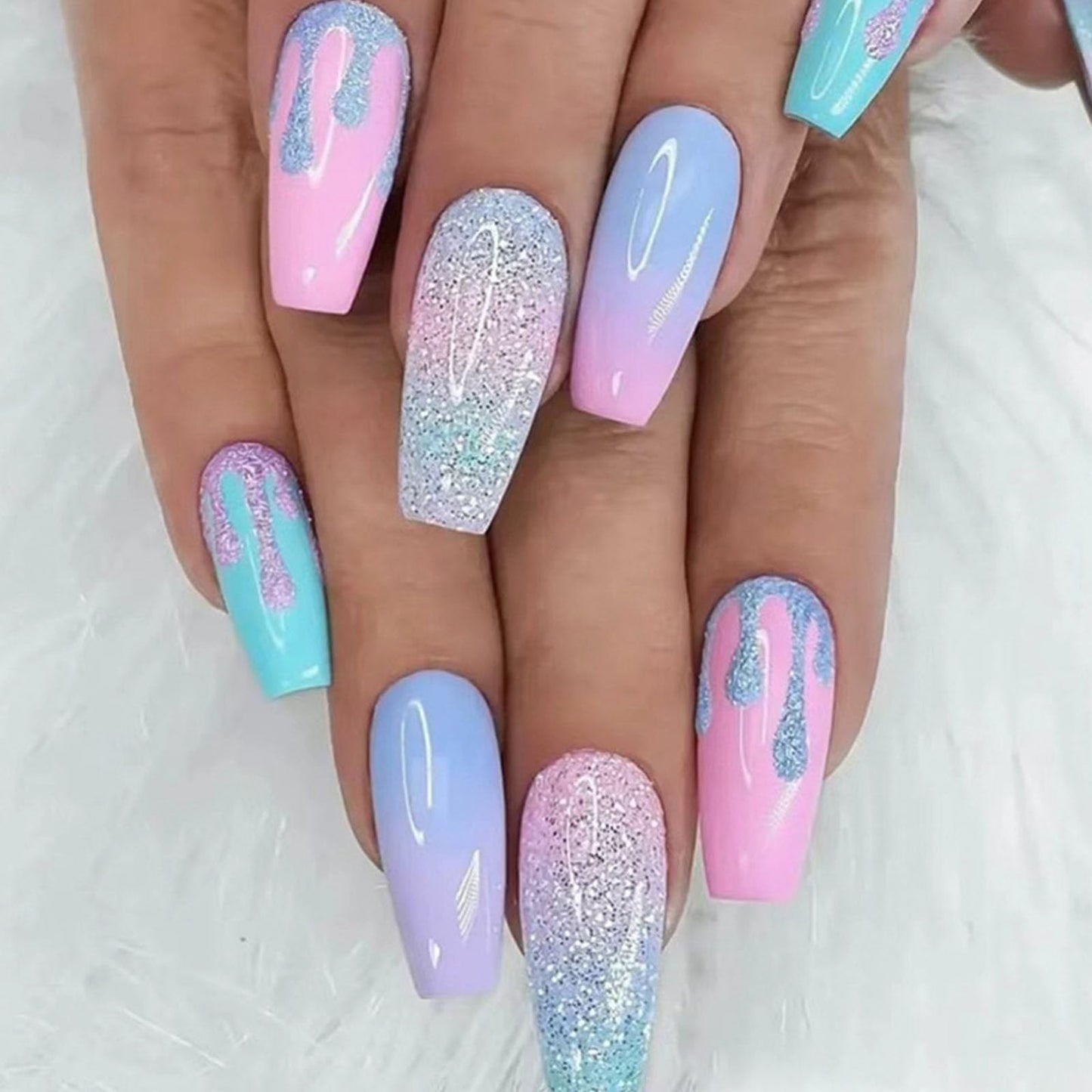 FOLONRAL Coffin Press on Nails Medium Fake Nails Colorful Gradient Nails Press ons Glitter Glue on Nails Cute False Nails Full Cover Artificial Stick on Nails for Women 24Pcs, pink bluegreen