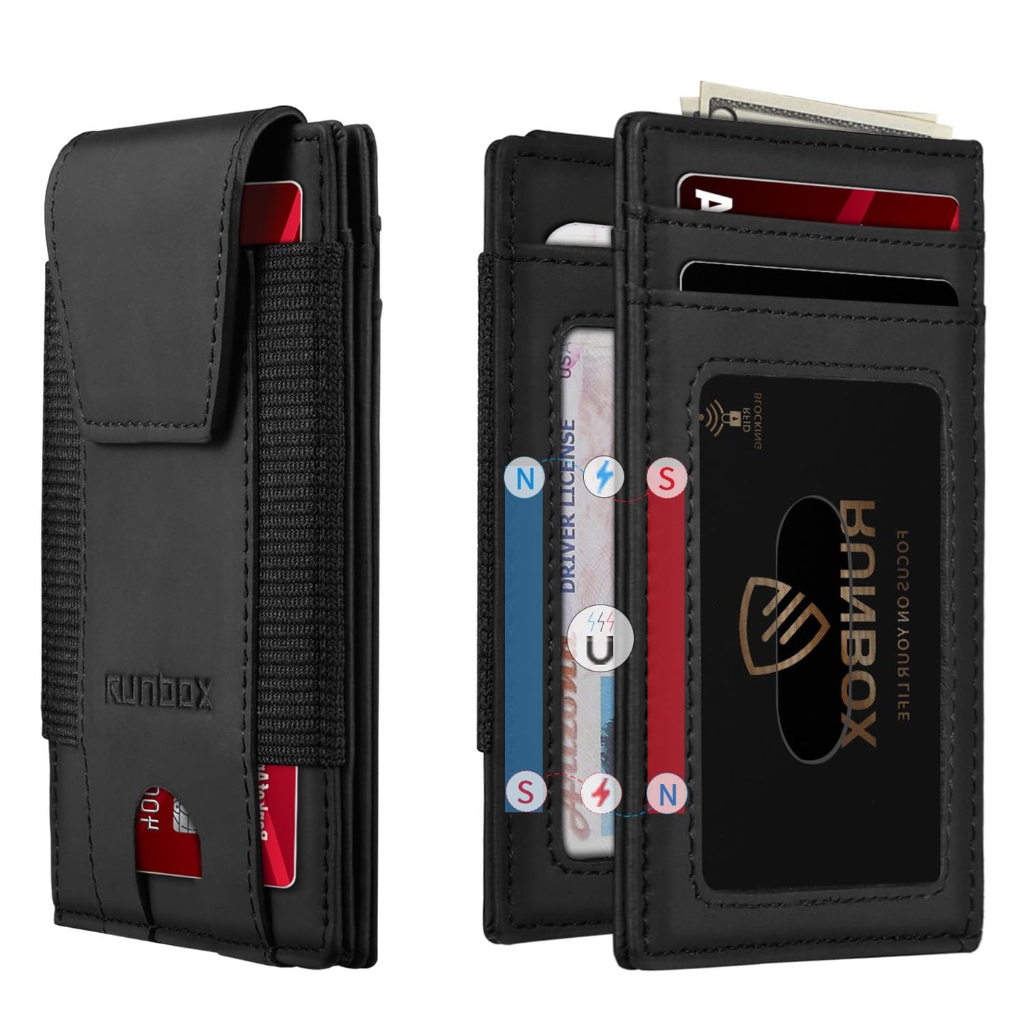 RUNBOX Slim Leather Wallet for Men With 2 ID Windows Holds 10-13 Cards Minimalist Front - Pocket RFID - Blocking Wallets Ideal Gift Choice