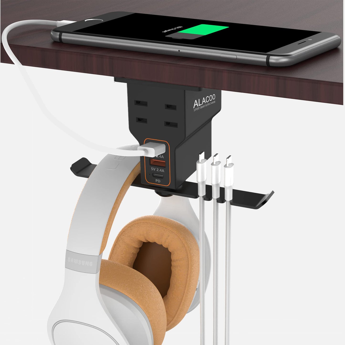 ALACOO Gaming Headphone Stand with Charging Station - Aluminum Hooks Headphone Holder, Under Desk Headset Stand, 3 USB & AC Outlet, Surge Protector & Cable Organizer, Gift for Girl/Men