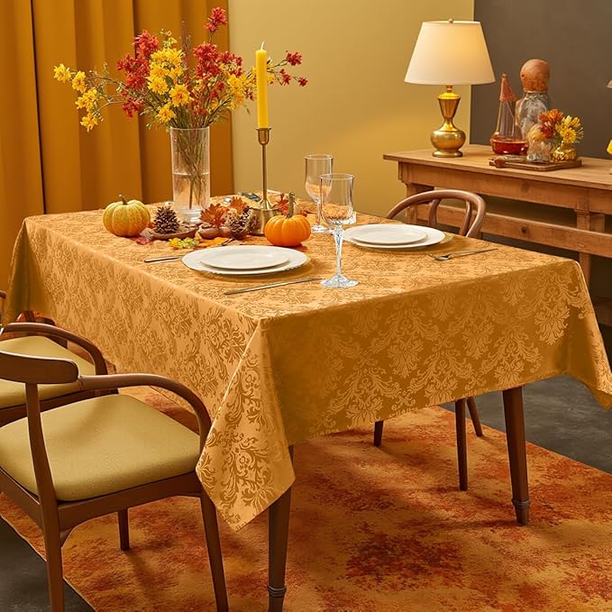 SASTYBALE Amber Rectangle Jacquard Tablecloth, Spill Wrinkle Proof Damask Table Cloth for Rectangle Tables, Rectangular Harvest Fall Thanksgiving Tablecloths, 60x 102 Inch Amber