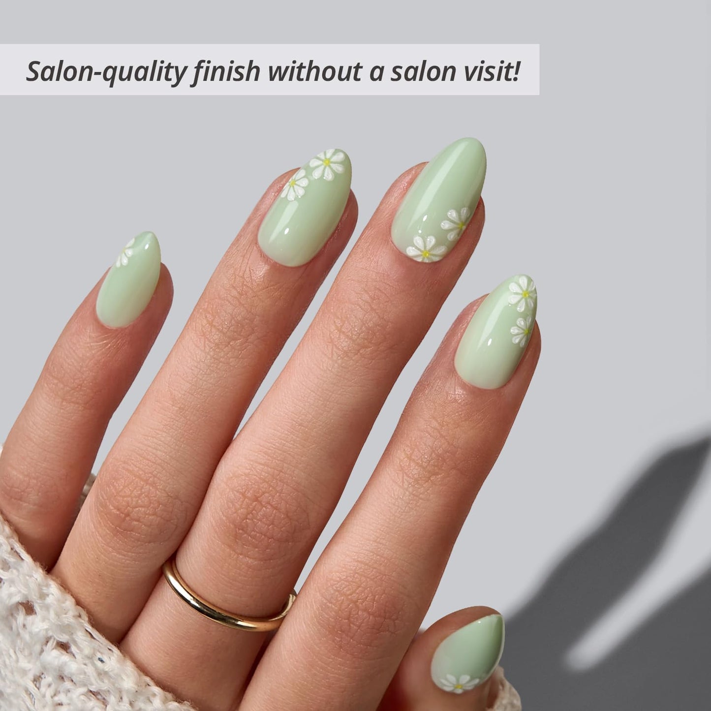 BTArtbox Press On Nails Short - Meadow Daisy, Easy-to-Apply 3D Flower Pastel Green Almond Press On Nails with Glue and Adhesive Tabs in 16 Sizes - 32 Nails All-in-One Kit