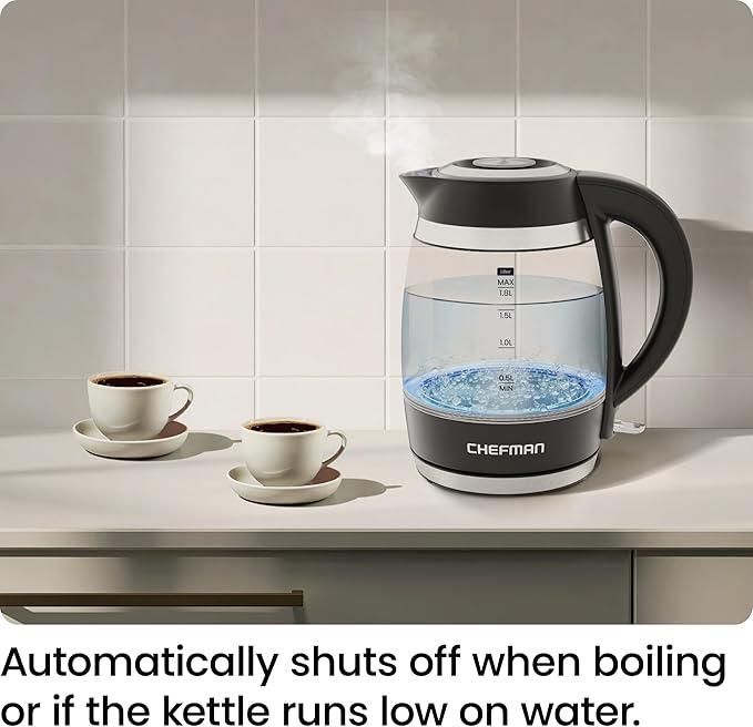Chefman Electric Kettle, 1.8L 1500W, Hot Water Boiler, Removable Lid for Easy Cleaning, Auto Shut Off, Boil-Dry Protection, Stainless Steel Filter, BPA Free, Borosilicate Glass Electric Tea Kettle