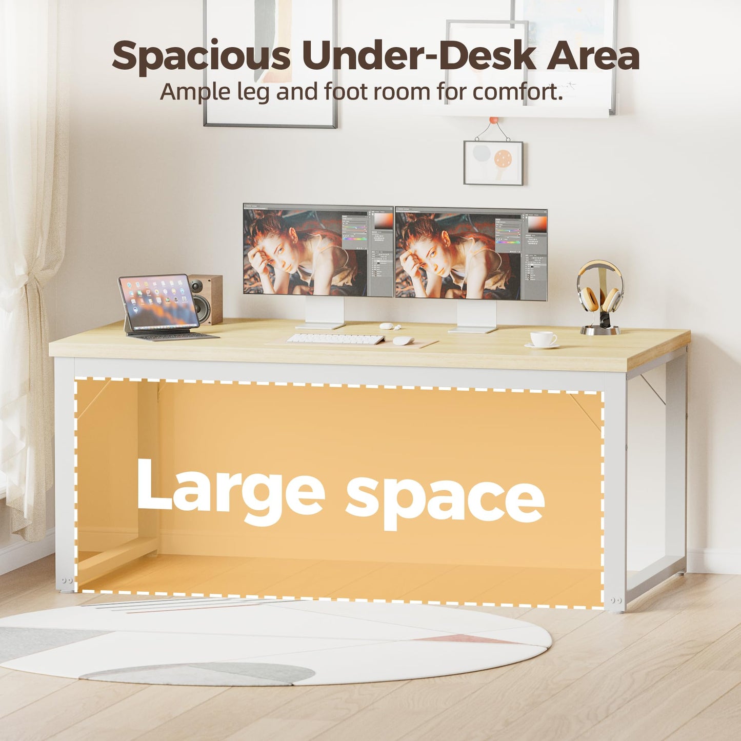 Mericonia 48 Inch Computer Desk, 1" Thick Heavy Duty Industrial Office Desk, Modern Simple Study Writing Table for Home Office Bedroom Workstation, Oak