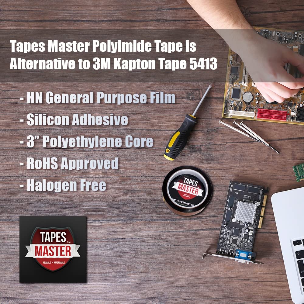 Tapes Master 5 Rolls - 1/2" x 36 Yds1 Mil Polyimide High Temperature Heat Resistant Heat Transfer Thermal Electrical Insulation Tape