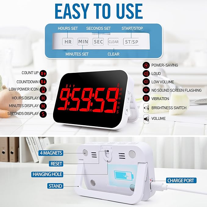 KMMKGGKitchen Timer（1.5" Number） Large Digital Magnetic Timer, Rechargeabilit, Countdown and Countup, 3 Brightness Display, 3 Volume Levels and Vibration Mode, for Cook, Adults Study Teaching(RED)