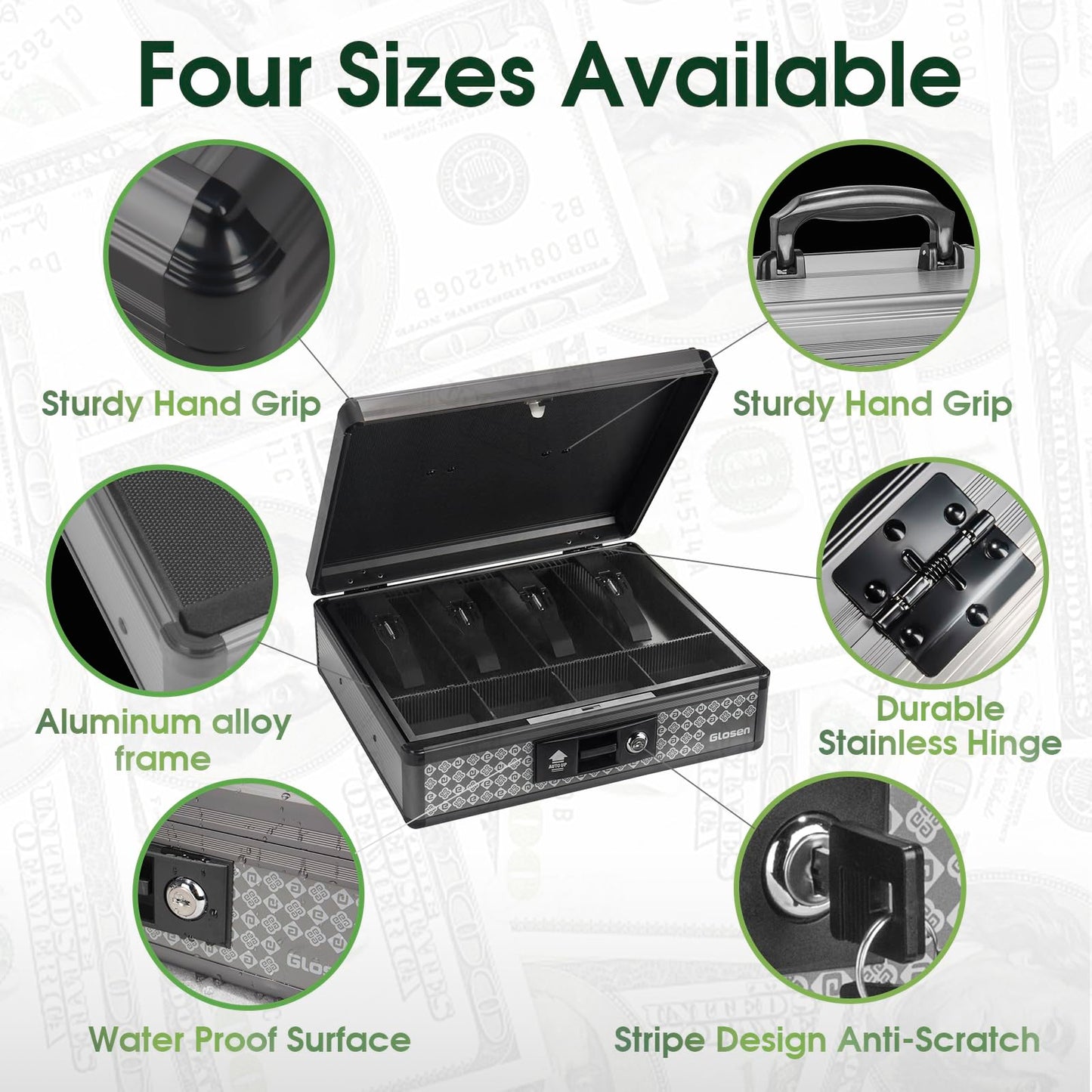 Glosen Cash Box with Lock, Money Box with Key Lock & Removable Coin Tray 13.5 * 4.31 * 11.4inch (Black, Large)