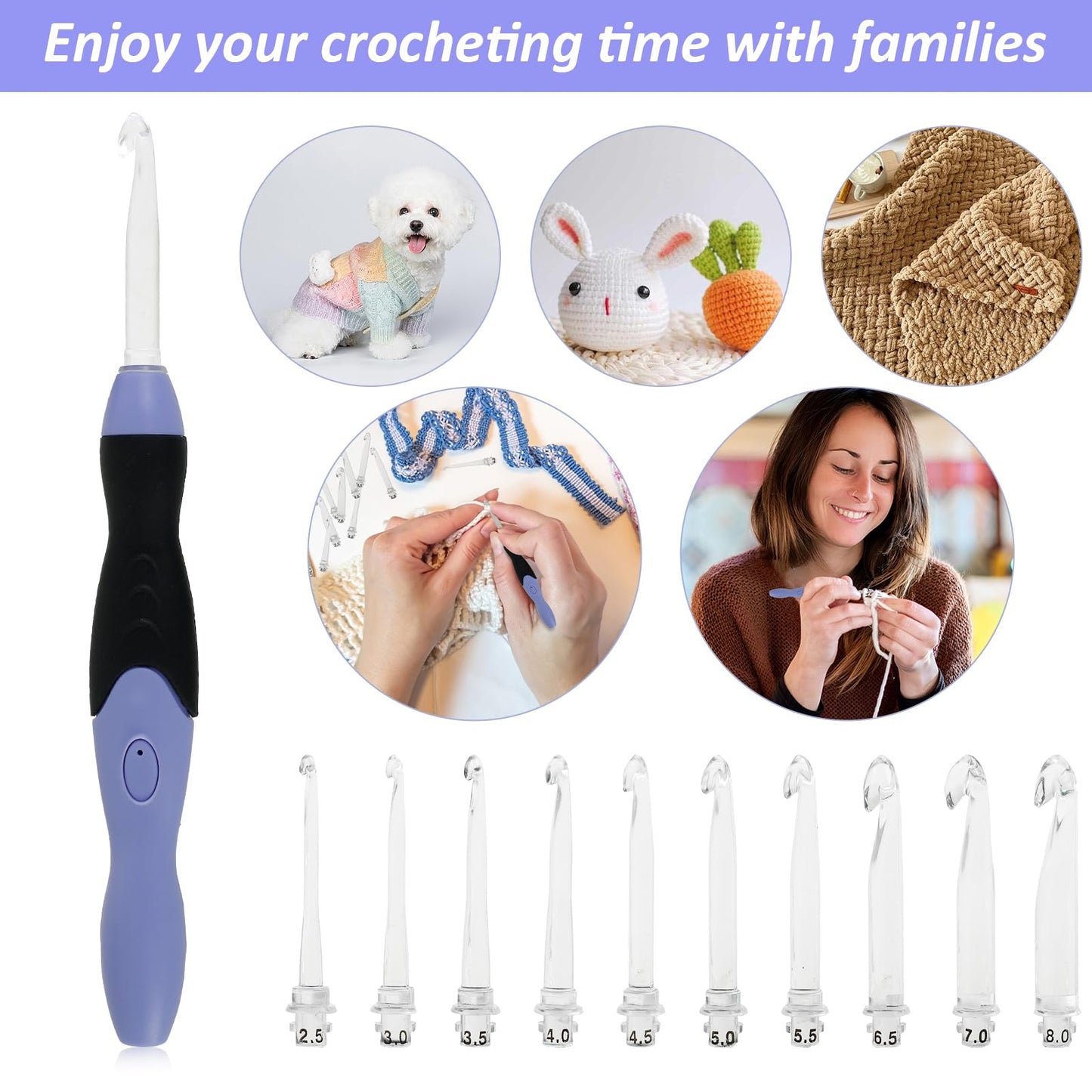 Light Up Crochet Hook Set, 11 Sizes Lighted Crochet Hooks with Case, Rechargeable Crochet Hook 2.5 mm to 8 mm, DIY Crochet Hooks Set for Crocheting and Knitting, Interchangeable Heads Hooks