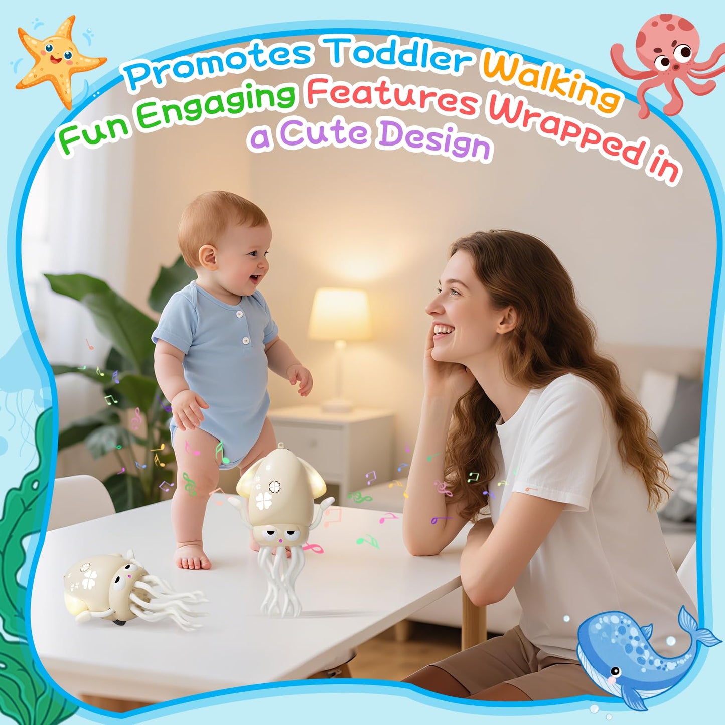 WAYPIN SION Crawling Dancing Octopus Toy for Kids – Rechargeable Interactive Sensory Toy with LED Lights & Music, Fun Tummy Time Gift for Birthdays & Holidays (Off-White)