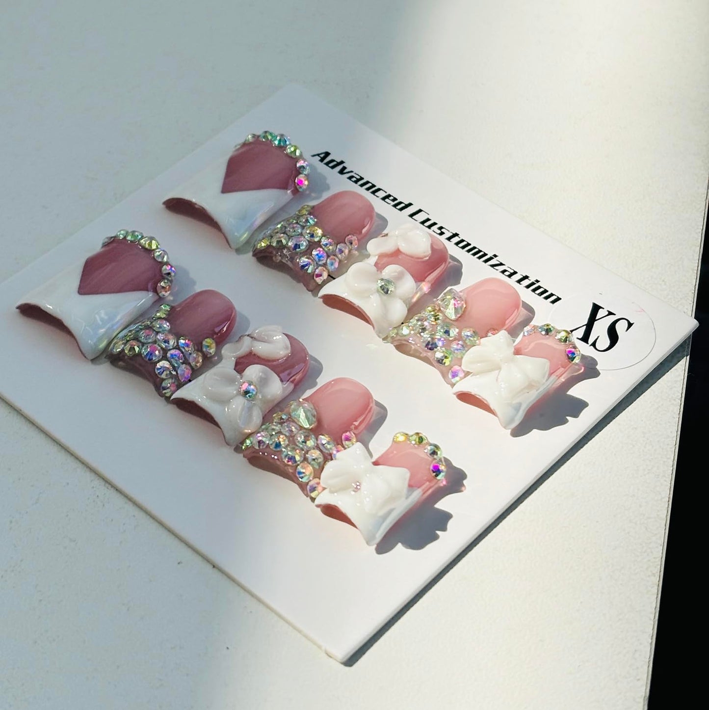 10pcs Handmade Press on Nails for Women - Medium Duck Curve 3D Thick Acrylic Fake Nails Reusable,Designer Floral Butterfly Rhinestones Bling Boho Funky Y2k Nail-art Set,S,white