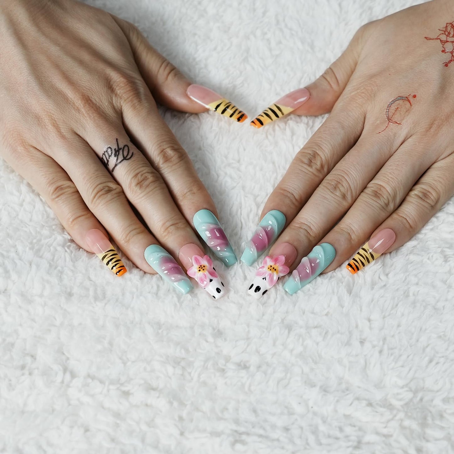 Tesytto Long Coffin Press on Nails Handmade Muti-Layer Gel Fake Nails - 3D Lotus Flowers & Tiger Print, French Tip Glossy Thick Acrylic Nails (Playful Zebra with Lotus,M)