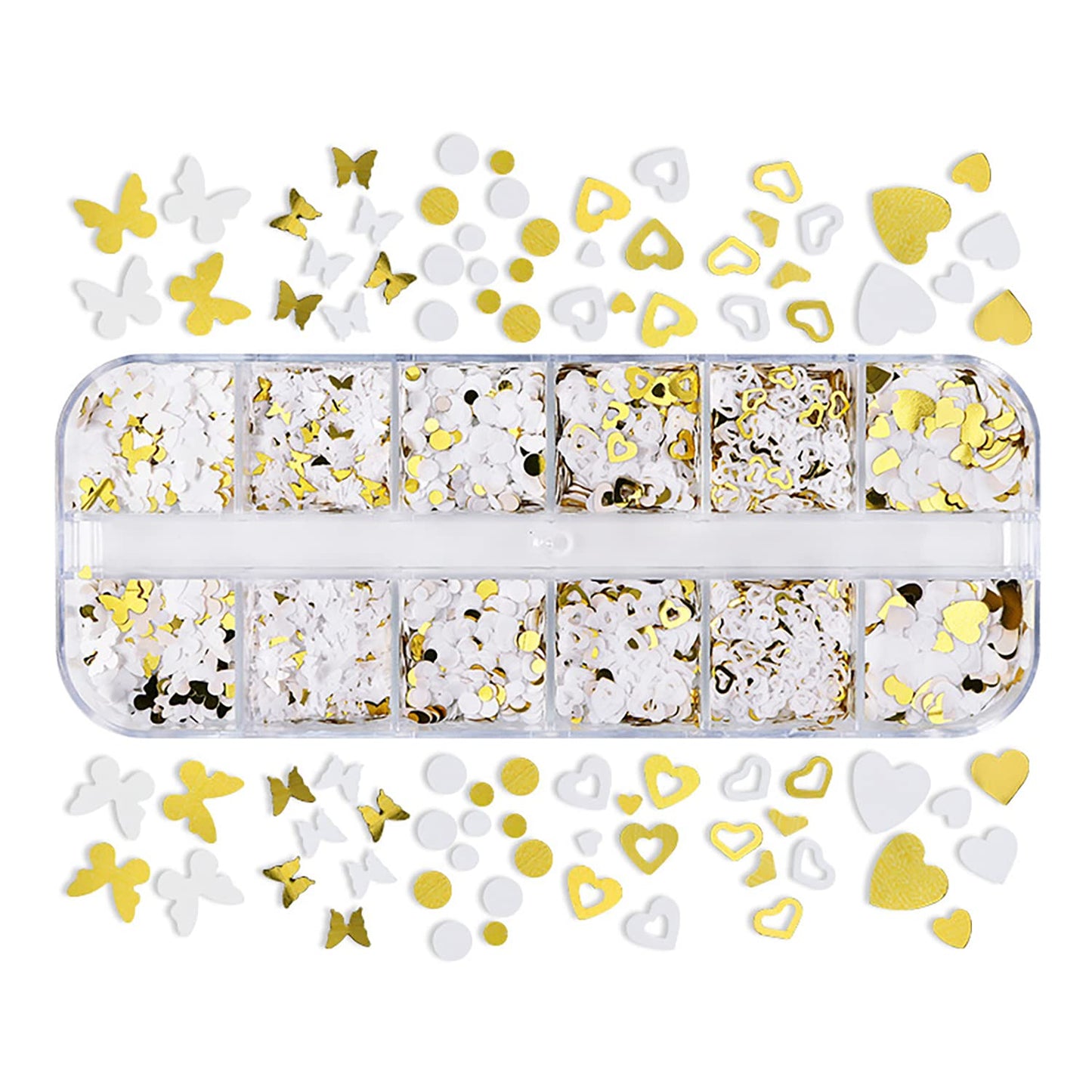 Vezocim Holographic Nail Art Glitter Sequins, 3D Gold White Glitter Flakes Nail Art Designs, Love Heart Butterfly Circle Acrylic Nails Supplies for Women Girls Manicure Decorations