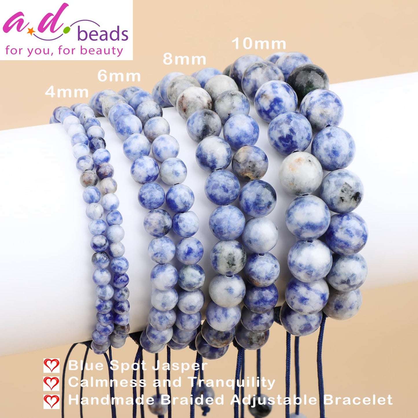 AD Beads 4mm Blue Spot Jasper - Calmness and Tranquility - Handmade Natural Stone Crystal Bracelet with Adjustable Macrame String - Yoga Healing Power Energy Gifts for Men and Women