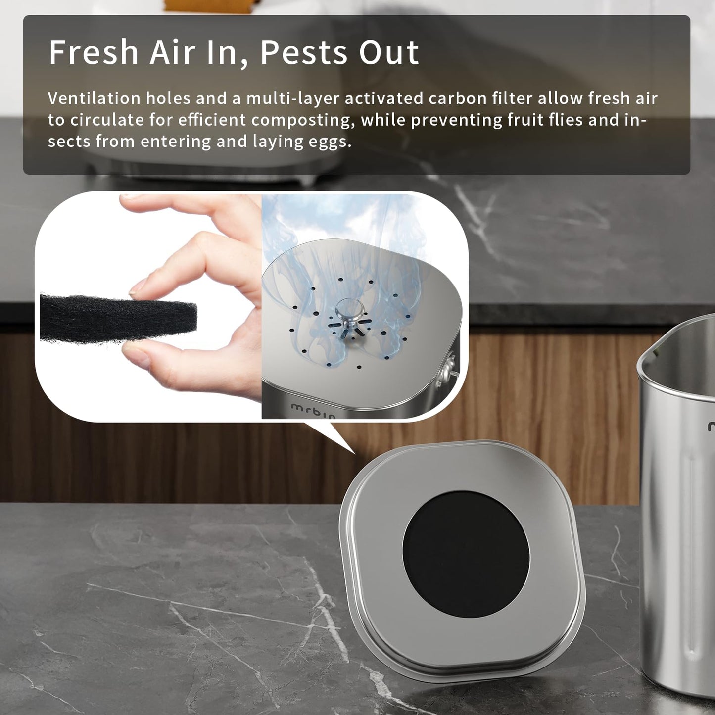 MRBIN Stainless Steel Kitchen Compost Bin Countertop Trash Can with Lid and Charcoal Filter, Metal Small Indoor Rubbish Dustbin for Food Waste Recycle