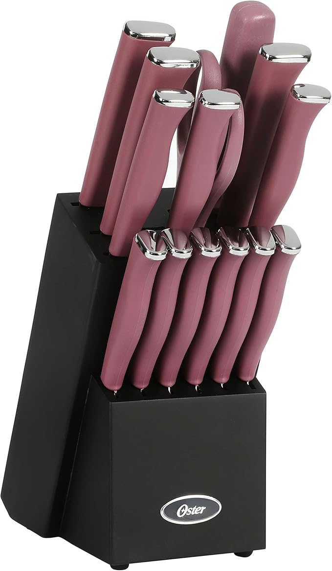 Oster Langmore 15 Piece Stainless Steel Cutlery Knife Block Set W/Black Box – Purple