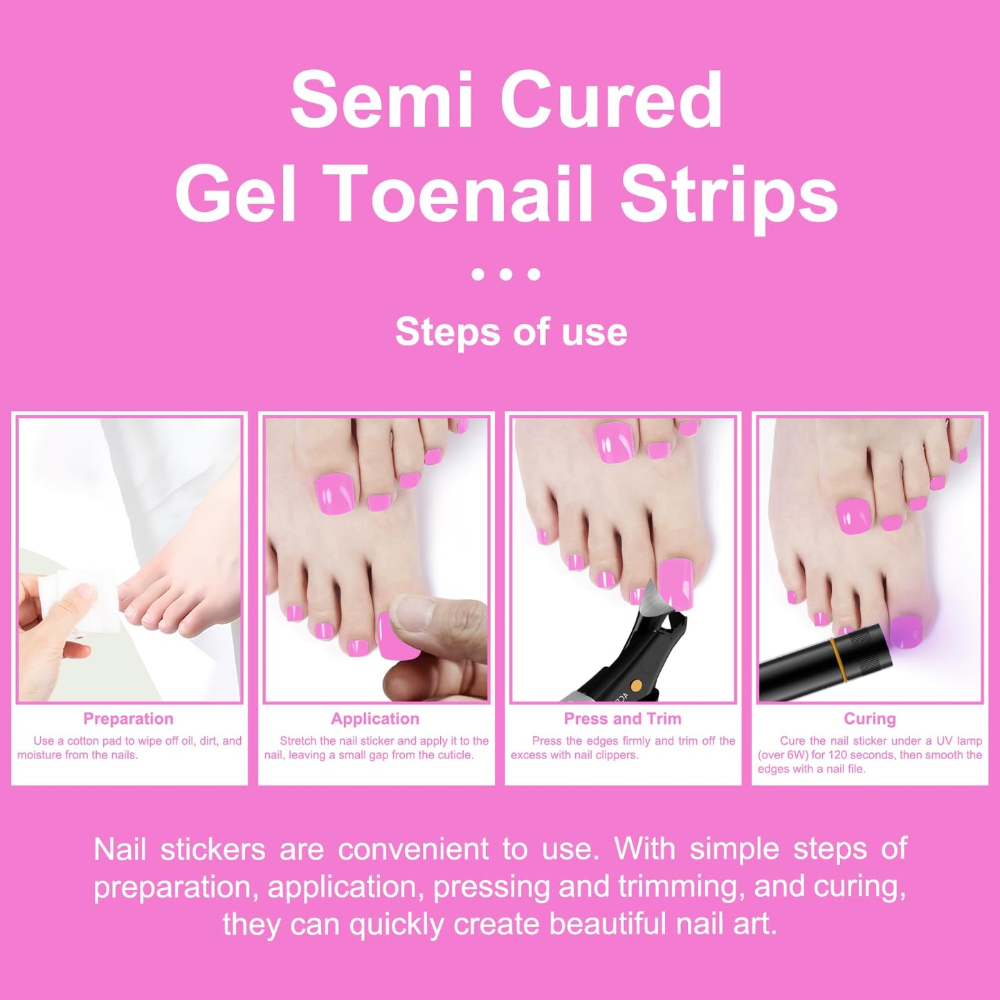 SILPECWEE Semi Cured Gel Nail Strips, Toenails Stickers Full Nail Wraps UV Light Required, Salon Quality, Easy to Apply & Remove, Toenail Strips for Women Girl (Vibrant Magenta - 32PCS)