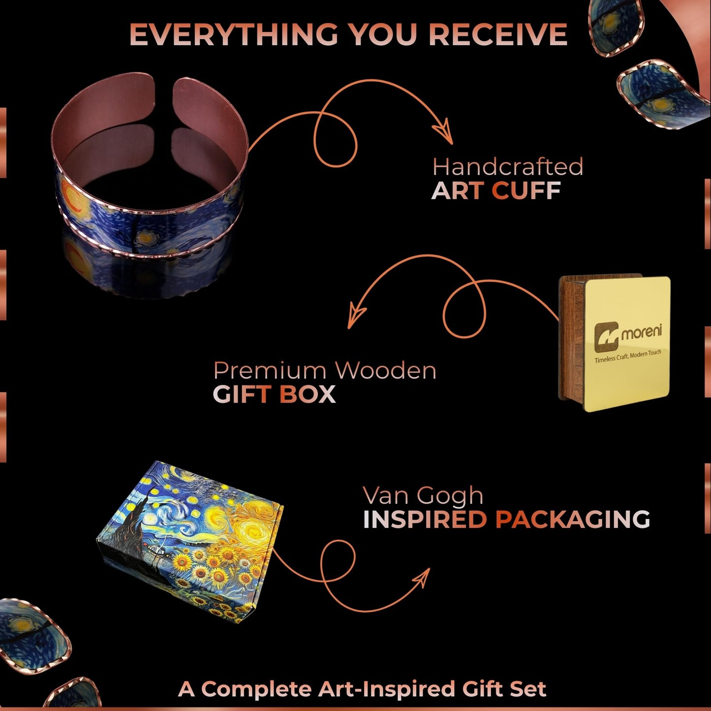 Moreni Copper Bracelet for Men & Women – Handmade Engraved Cuff Inspired by “The Starry Night” – Artistic Pure Copper Jewelry with Gift Wooden Box