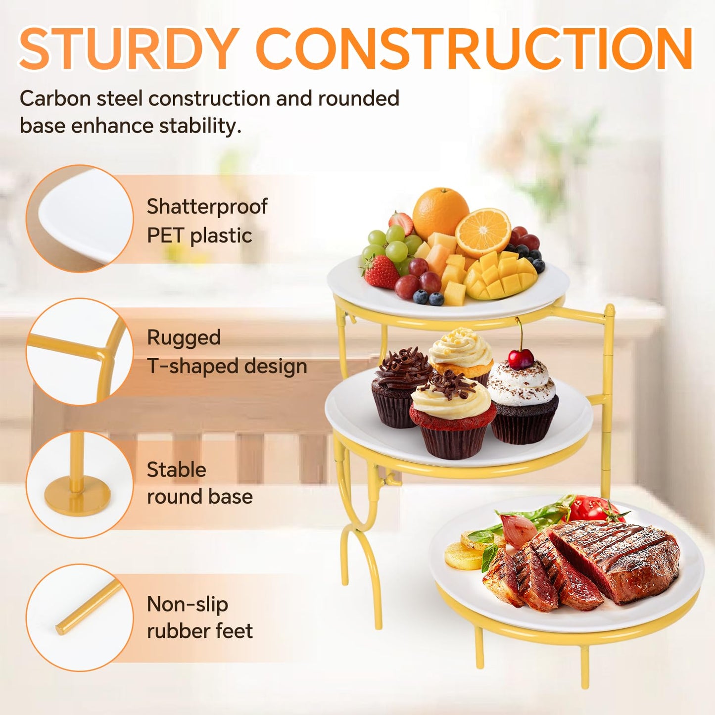 2 Set 3 Tiered Serving Stand with White Porcelain Plate Rotatable Dessert Table Display Set 10'' Round Tiered Serving Trays & Platters for Fruit Cake Cookie Dessert 2 Stand + 6 Plates