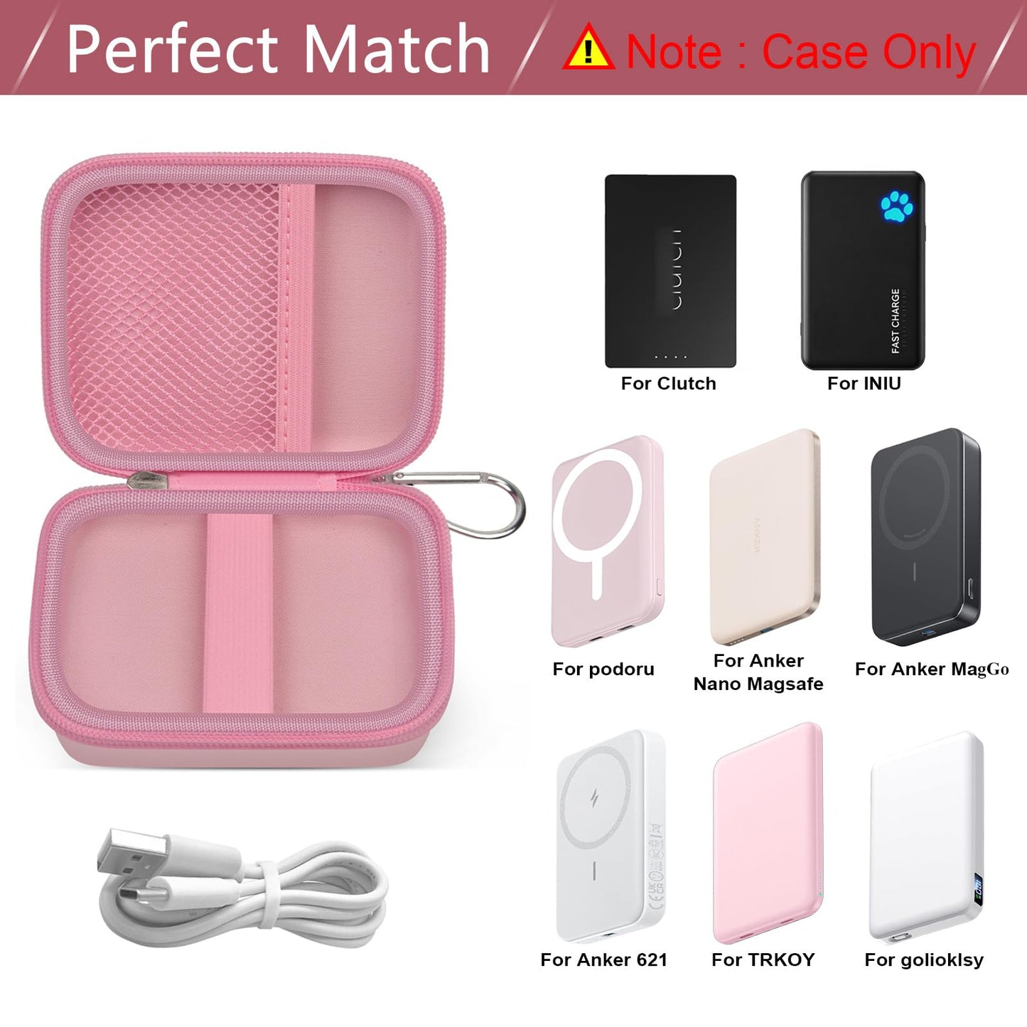 ANKHOH Case for Clutch Pro Portable Charger/iPhone/INIU/podoru/Anker MagGo/Anker Nano Magsafe/TRKOY/Anker 621/ golioklsy Power Bank Travel Storage for Battery Pack, USB Charging Cable(Box Only) Pink