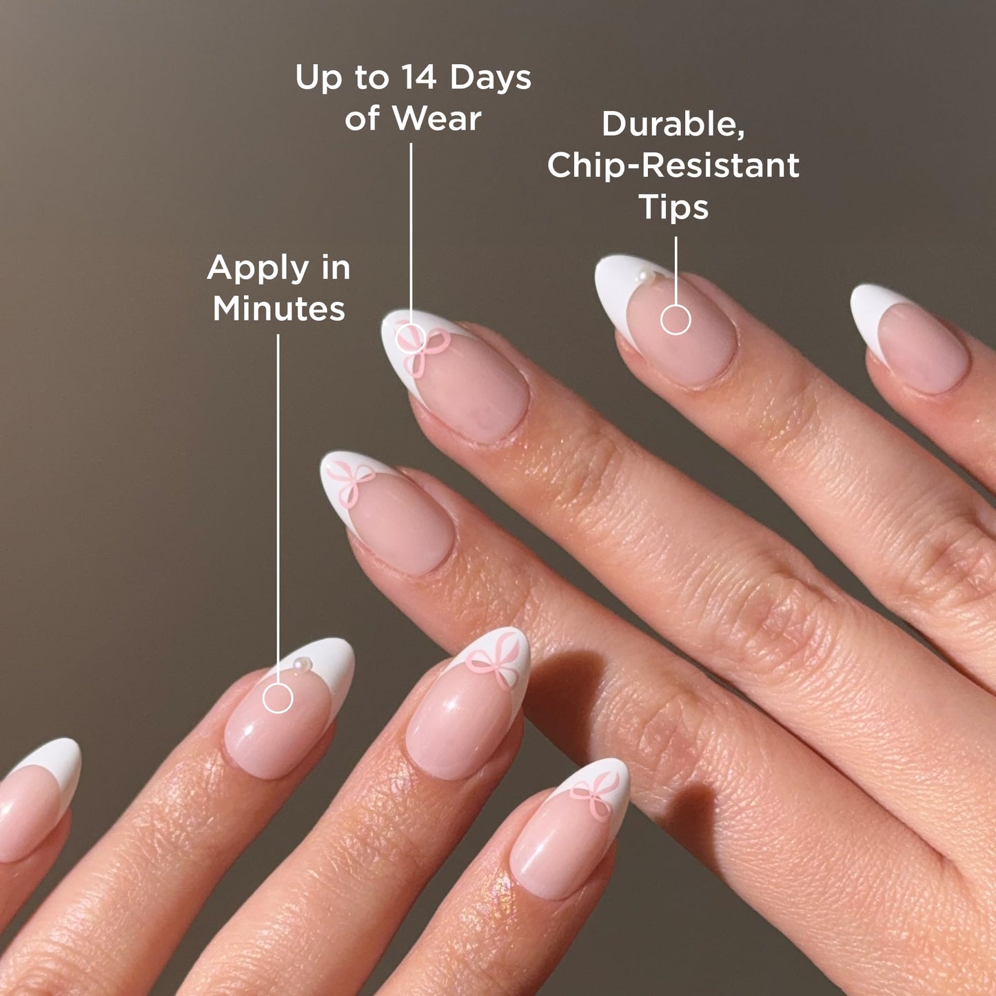 PaintLab Press On Nails - Belle Bows 3D Pearl French Tip Short Almond Fake Nails, 30 Nails in 15 Sizes with Glue, Reusable Salon Quality Press On Nails