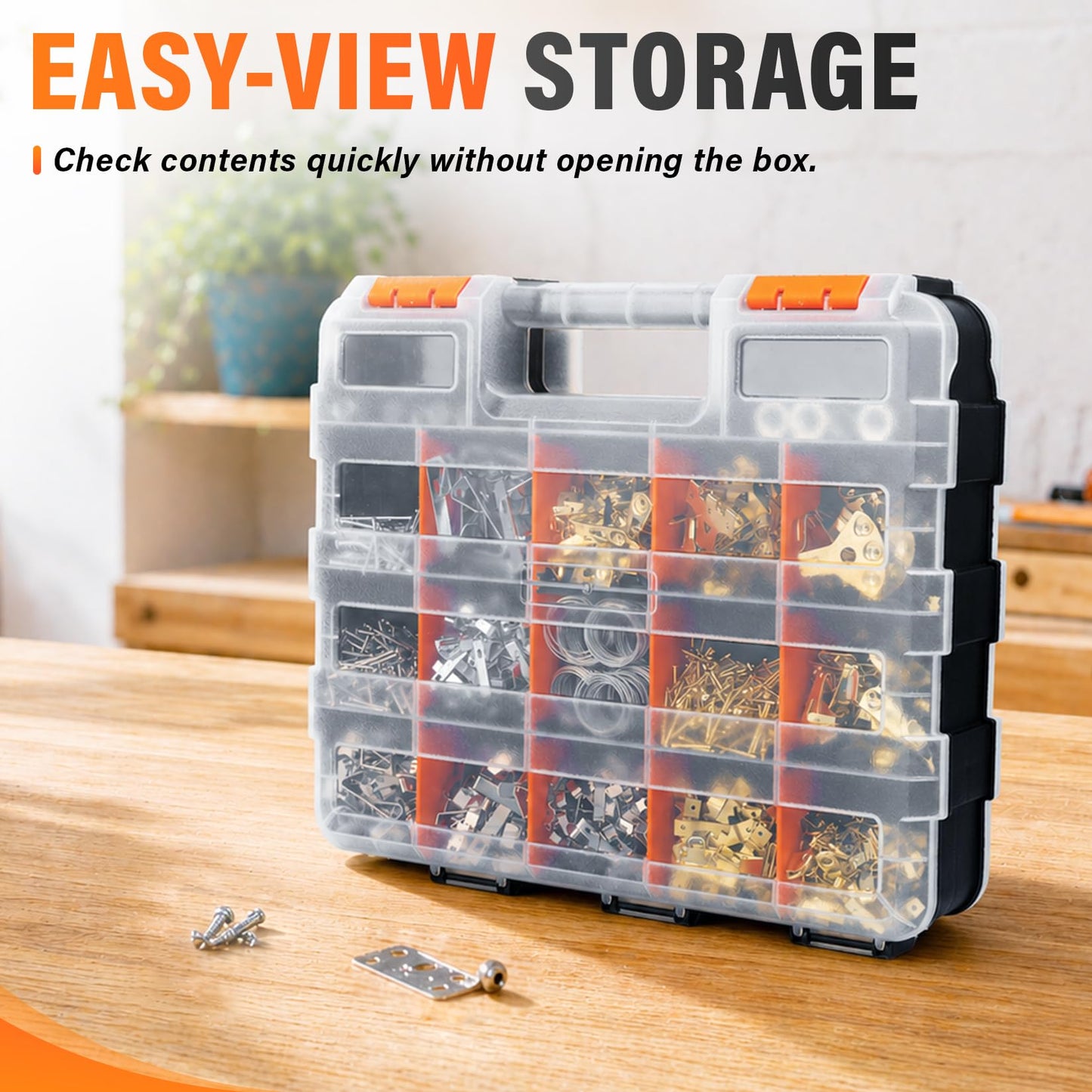 DIYSELF Tool Box, Double-Sided 34-Compartment Tool Organizer, Small Parts Organizer with Adjustable Space, Clear-Lid Small Storage Box for Hardware, Crafts, Beads, Jewelry and Fishing Accessories