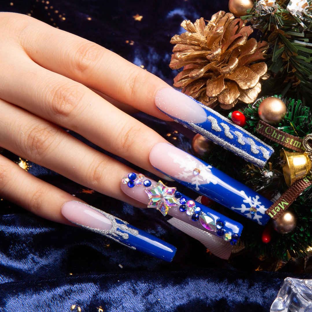 LOVFUL Press on Nails Snow Waltz Blue French Tip| Handmade with Full Covered Crystals | Reusable Fake Nails | Square Long 2.2 in | H140-M