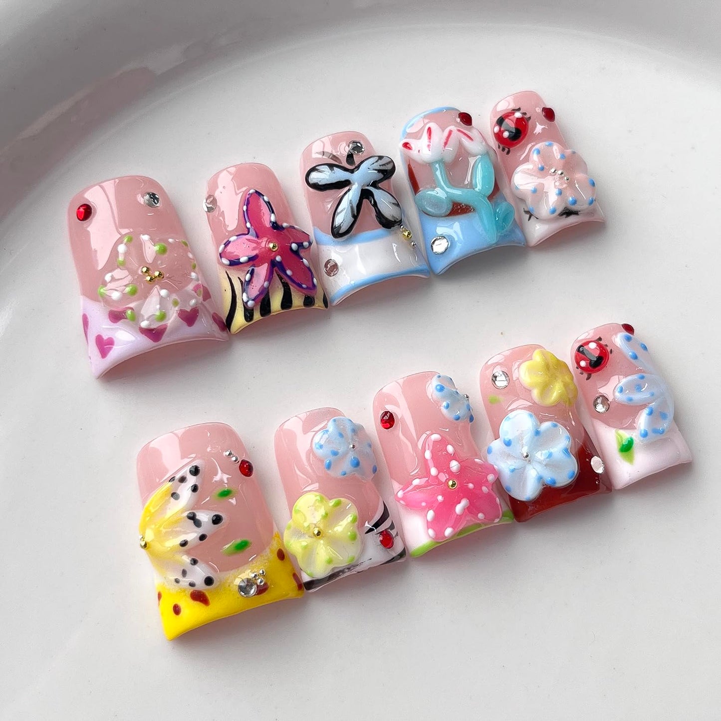 French Tip Press on Nails Handmade Short Duck 3D Flower Thick Acrylic Nails Cute False Nails with Floral Ladybug Butterfly Designs Glossy Fake Nail Sturdy Art Spring Press on Nail 10Pcs(S)