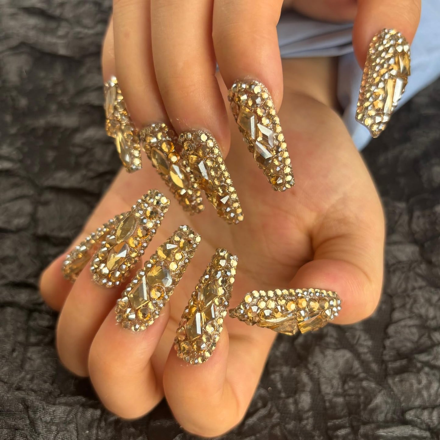 AKA Unicorn Trendy Handmade Press On Nails Long Square Shape,10Pcs Shimmery Large Acrylic Fake Nails with 3D Champagne Rhinestone Luxury Design Stick On Nail for Woman Gift